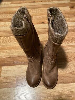 BareTraps Brown Mid-Calf Leather Boots with Knit Cuff